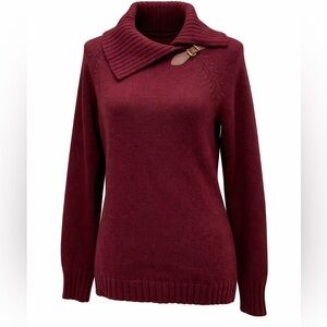 Talbots Womens Burgundy Split Turtleneck Toggle Pullover Sweater Cotton Knit S